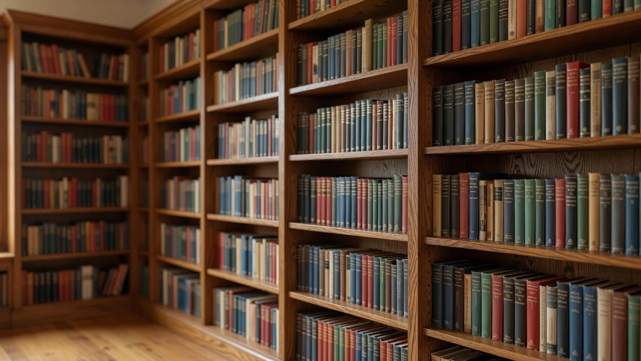 Ściana drewnianych półek pełnych książek w ciepłym kącie domowej biblioteki