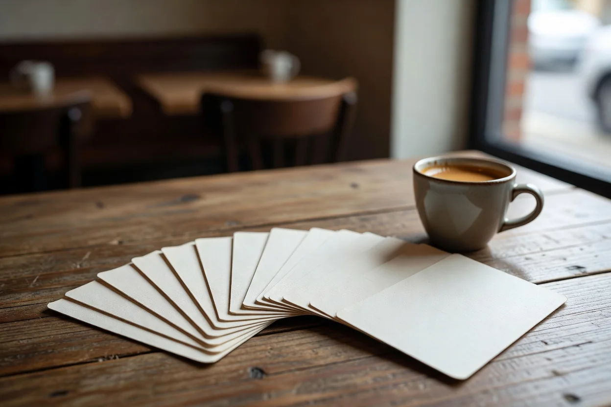 Papierowe fiszki rozłożone wachlarzem na stoliku kawiarni obok małej filiżanki espresso