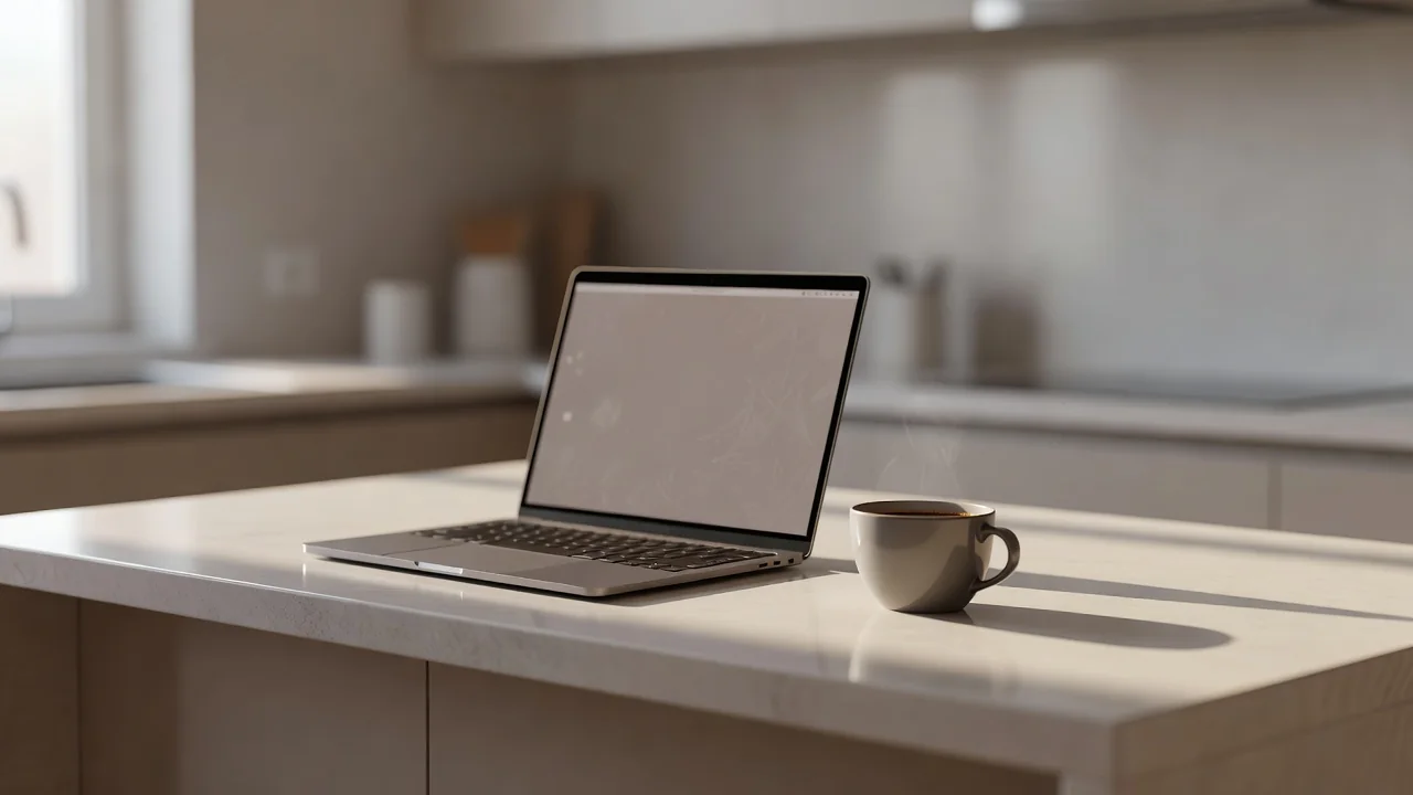 Laptop i kubek kawy na blacie kuchennej wyspy w miękkim porannym świetle